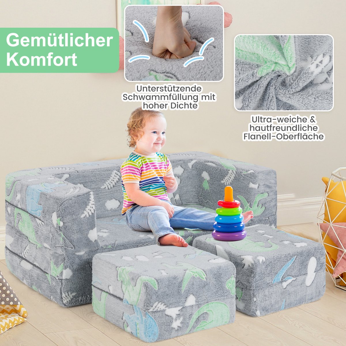 COSTWAY Canapé Modulaire Phosphorescent Pour 2 Enfants Pliable 3 En 1 Housse En Flanelle Amovible 100 X 50 5 X 40 Cm Gris