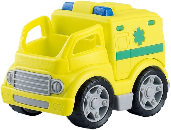 Gele ambulance speelgoedauto met groene strepen, een groen kruis-logo en blauwe zwaailichten.