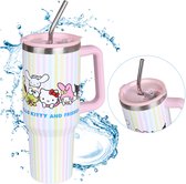 Hello Kitty and Friends THERMISCHE mok met metalen mondstuk rietje, roestvrij staal, autobeker GROOT 1,18l