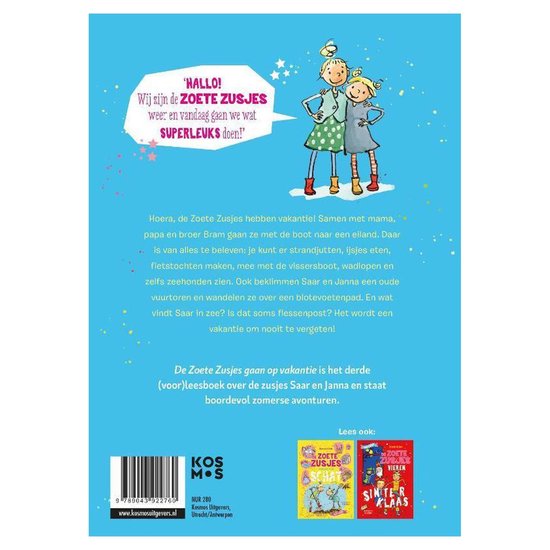 Boekomslag met de tekst 'Hallo! Wij zijn de Zoete Zusjes en vandaag gaan we superleuks doen!' en twee meisjes.