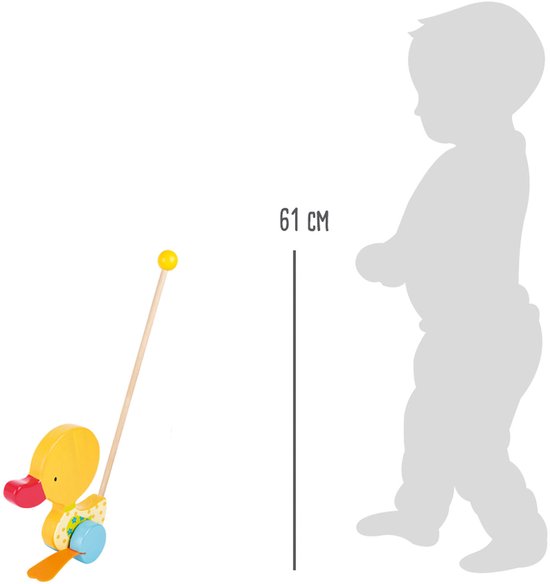 Houten duwfiguur van een gele eend naast een silhouet van een kind, met een maatindicator van 61 cm.