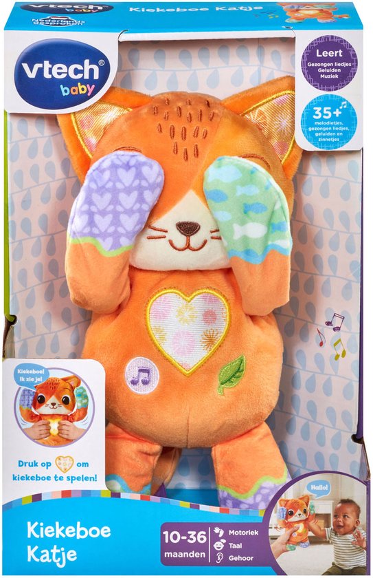Oranje VTech Baby Kiekeboe Katje knuffel met hartvormige lamp en paarse en groene pootjes met hartjes- en visjespatroon.