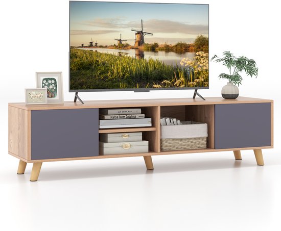 COSTWAY Tv Kast, Lowboard Met 2 Deuren En Open Planken, Standaard Voor Tv S Tot 65 Inch Tafel Kast Woonkamer Slaapkamer 145 X 40 50 Cm Wit Bruin 1141710524