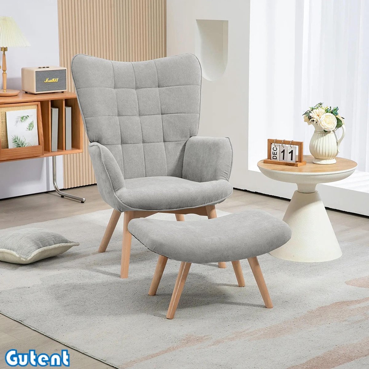 Gutent Fauteuil-met-kruk-Corduroy buitenkant-Houten poot-fauteuil-Grijs