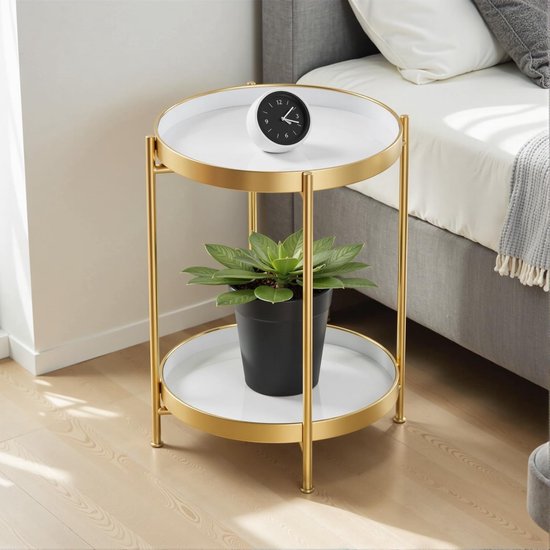 HollyHOME Ronde Bijzettafel Metalen Bijzettafel met 2 Lagen, Snacktafel Salontafel Nachtkastje Banktafel Geschikt voor Woonkamer Slaapkamer Balkon of Terras, Goud en Wit