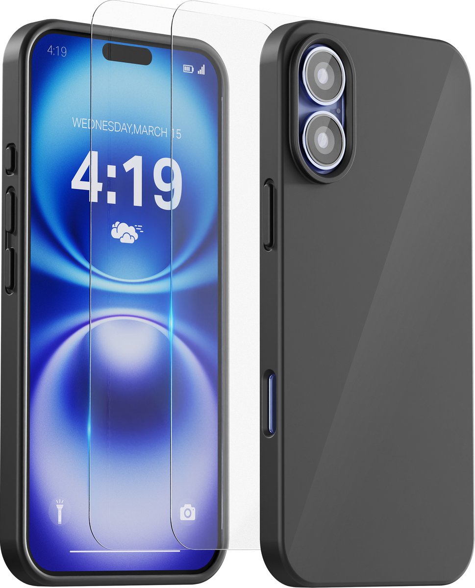 Hoesje Geschikt voor iPhone 16 - 2x Screenprotector tempered glass - Anti Shock silicone case - Zwart