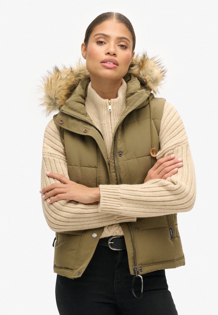 Superdry Everest Faux Fur Vest L Vrouw Olijf