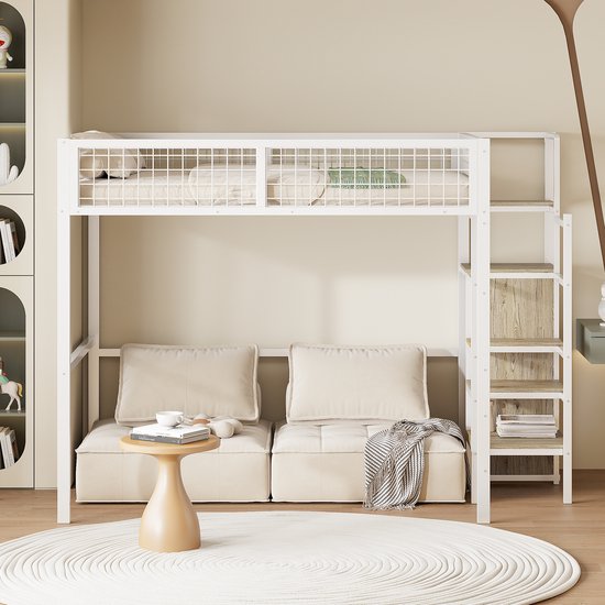 Pugsdrly Lit double Lit mezzanine 140x200 cm avec échelle Lit enfant avec cadre en fer et étagère de rangement Placard blanc
