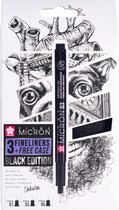 Sakura Pigma Micron Black Edition set + gratis etui | 3 pennen, zwart