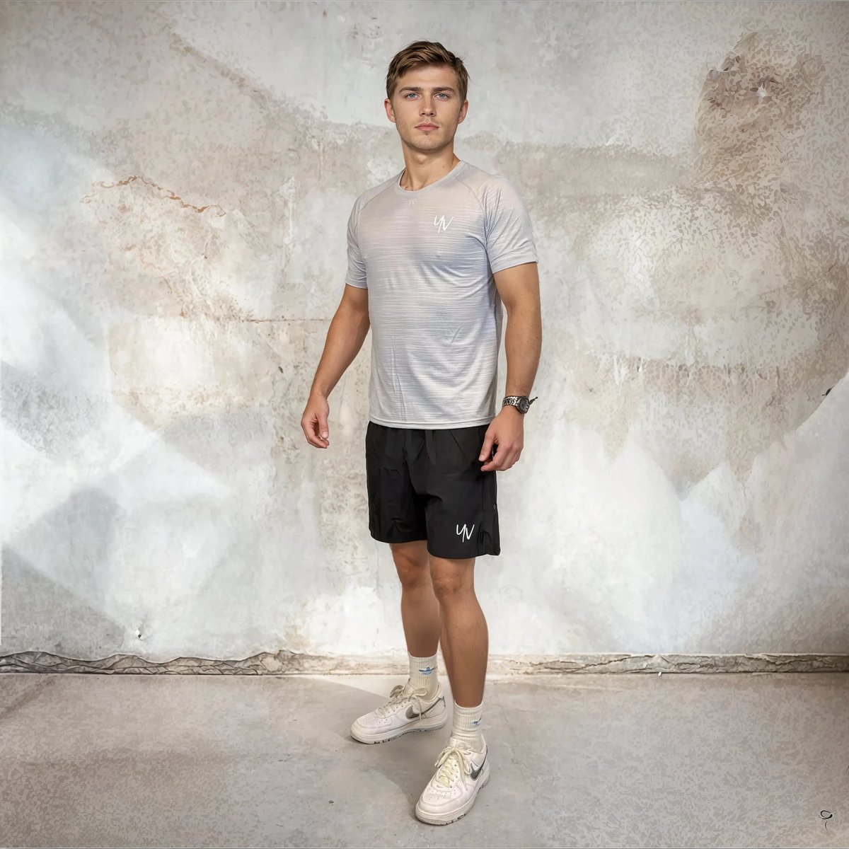 YV SPORT Sportoutfit Barcelona - Sportkleding heren - Regular fit - Shorts en shirt - Ademend - Droogt snel - Ideaal als padel outfit en fitness outfit - Grijs - XL