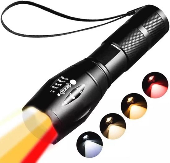HYVCZP 4-in-1 Rode Groene Blauwe Witte LED Zaklamp Oplaadbaar, Super Heldere Instelbare Focus Zaklamp, 4 Verlichtingsmodi Waterdichte Zaklamp voor Noodgevallen, Vissen, Kamperen, Wandelen, Outdoor