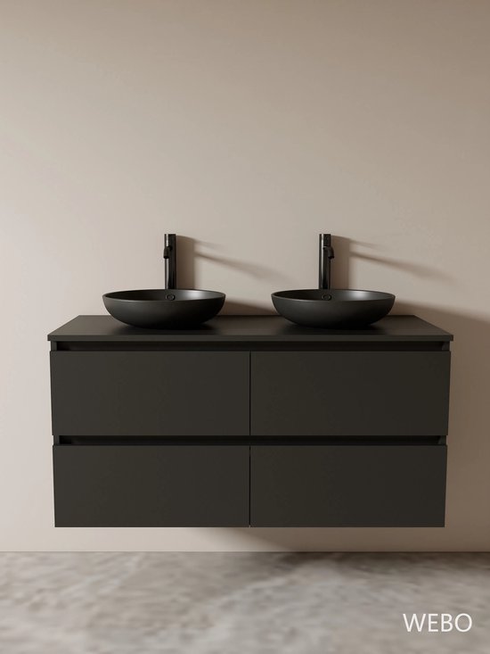 Meuble de salle de bain gris foncé avec deux lavabos ronds et deux robinets noirs.