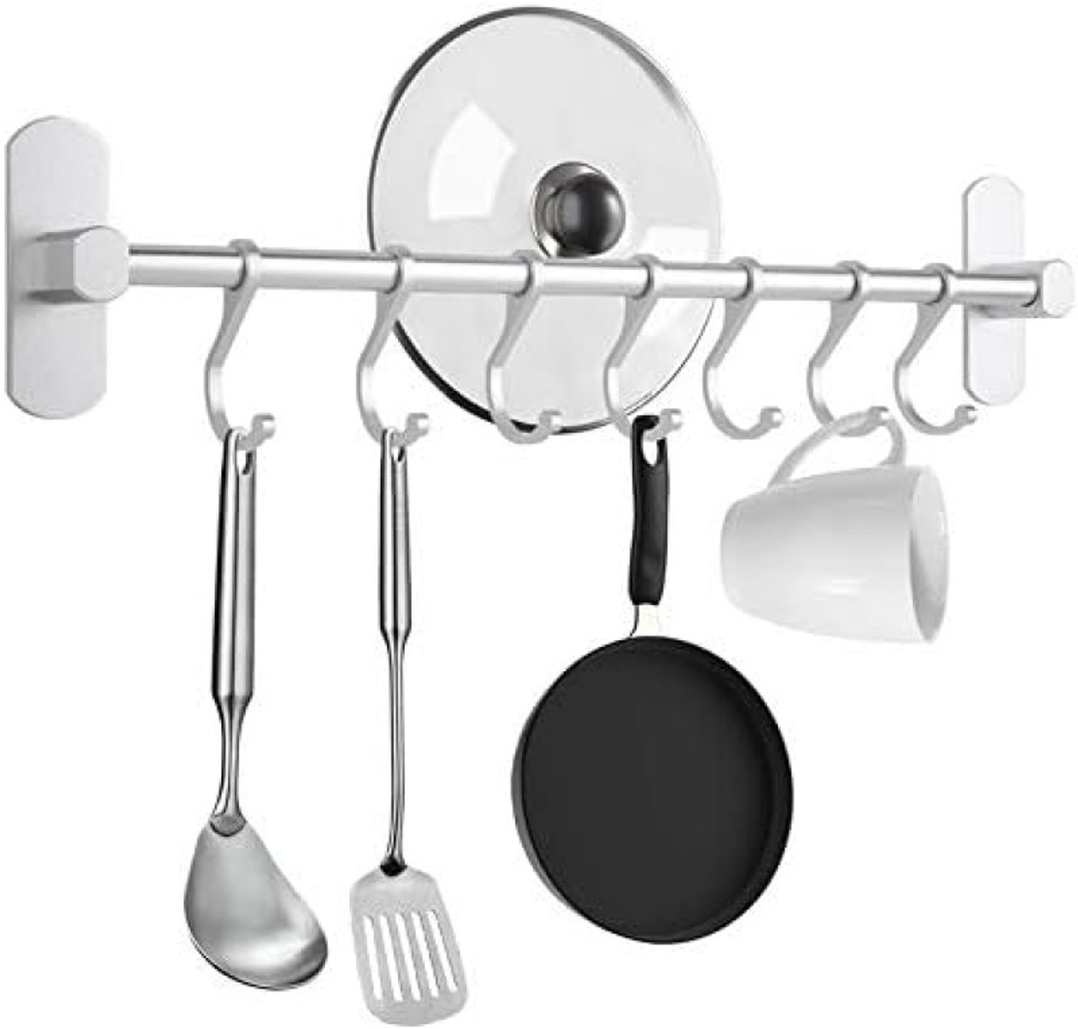 PolkaHome Ophangrek voor Keukengerei, Zonder Boren, 7 Schuifhaken, Aluminium Keukenrail voor Pannen, Potten, Kopjes en Meer - Zilver