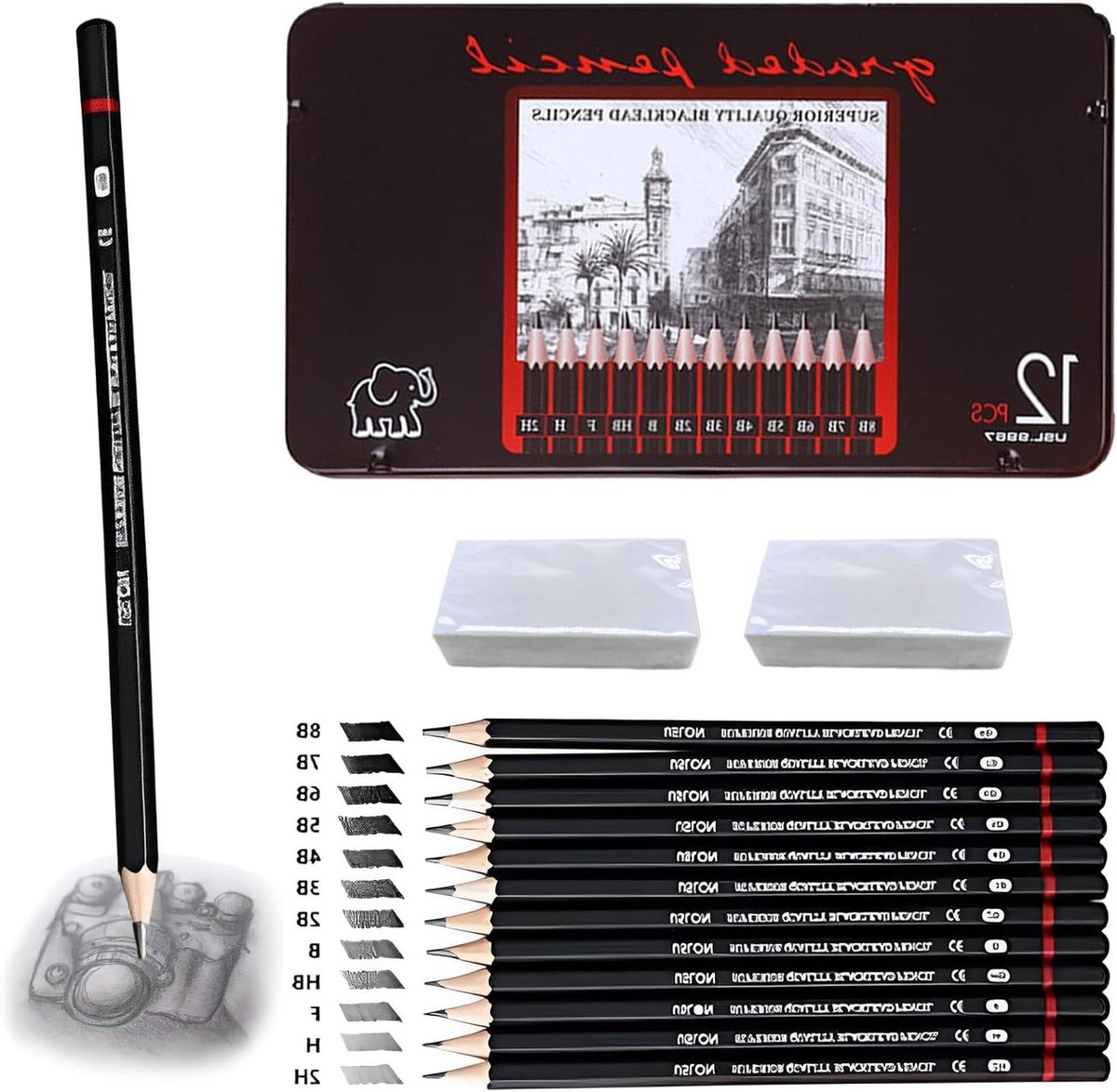 Schetspotloden set van 12 stuks met 2 witte gummen - (8B 7B 6B 5B 4B 3B 2B B HB F H 2H) professioneel - voor beginners en kunstenaars