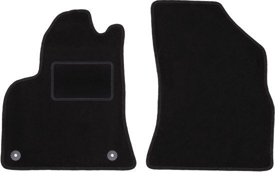 Tapis de sol noirs pour voiture, avec surpiqûre grise et deux rondelles de fixation.