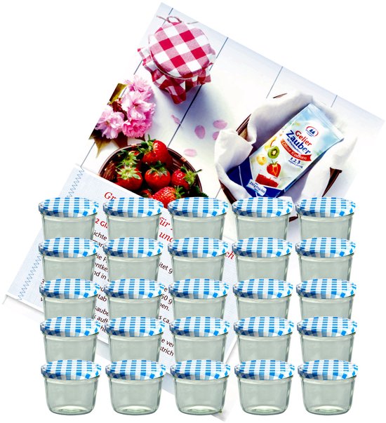 Set van 25 bekers 230 ml jampot inmaakpot Inmaakpot Naar 82 blauw geruit deksel incl. Diamant-Zucker Gelierzauber receptenboekje