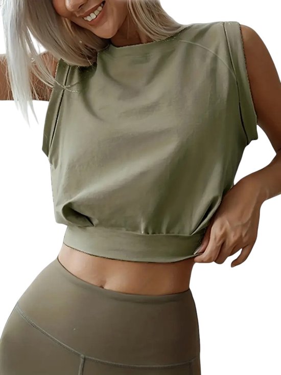 Débardeur court pour femme - Haut de Sport tendance et décontracté - Élégant - Coupe ample - Haut court - Haut de sport - Vert armée - Taille M