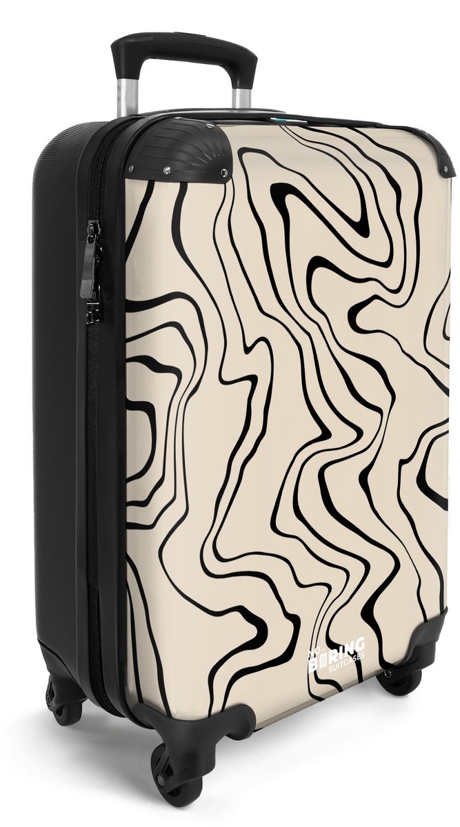 NoBoringSuitcases.com® - Handbagage koffer lichtgewicht - Reiskoffer trolley dames - Beige met abstracte zwart lijnen - Vakantie rolkoffer met wieltjes - Carryon suitcase - Flightcase - Cabin koffertje - Past binnen 55x40x20 en 55x35x25
