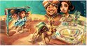 Een illustratie van het bordspel Camel Up, met een doos, spelbord, rennende kamelen en personages.