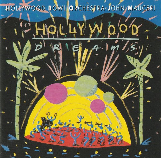 Illustratie van "HOLLYWOOD DREAMS" met palmbomen, kleurrijke cirkels en kleine figuren