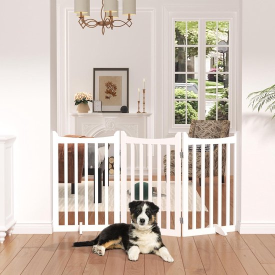 Afsluitrooster voor honden 90,5 x 151,5 cm, afsluithek hond met 2 steunpoten, opvouwbaar hondenhek, traphek, afsluitrooster voor keuken/hal/trap/balkon, 3 panelen, wit