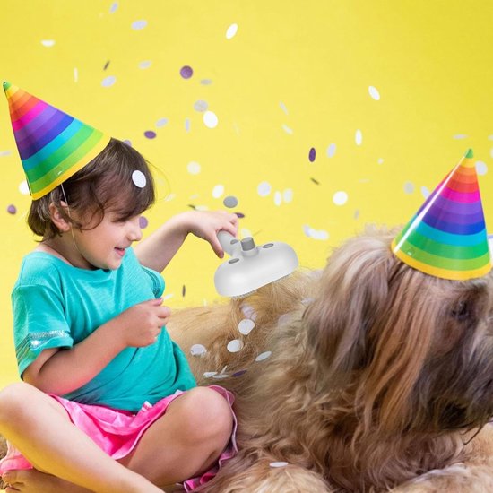 Kind met feestmuts borstelt een grote bruine hond met een witte stoomborstel.