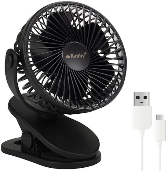 Draadloze Clip Ventilator USB Oplaadbaar Ø16cm Zwart 3 Snelheden Stil Staand Hangend Klemmend