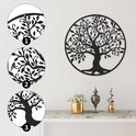 Décoration d'arbre de vie en métal noir avec branches, feuilles et oiseaux détaillés, avec des gros plans des détails.