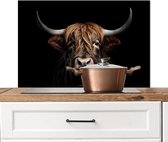 Spatscherm keuken 80x55 cm - Kookplaat achterwand Schotse Hooglander - Zwart - Muurbeschermer - Spatwand fornuis - Hoogwaardig aluminium