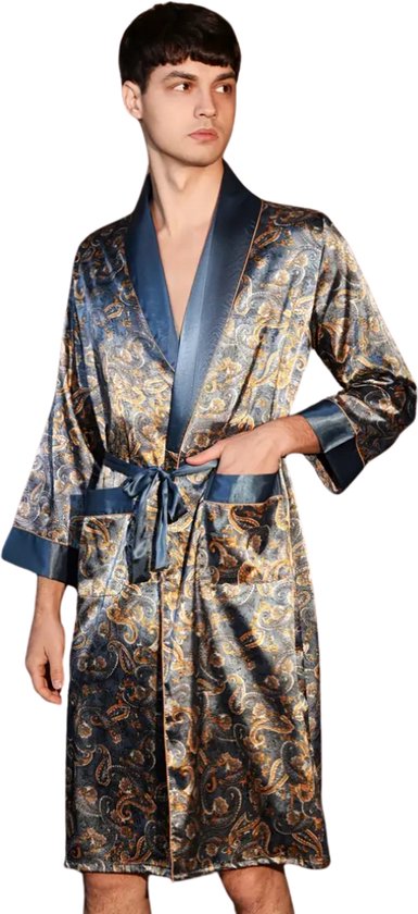 BABEYOND Houndstooth Kimono heren badjas - lange zijden slaapjas