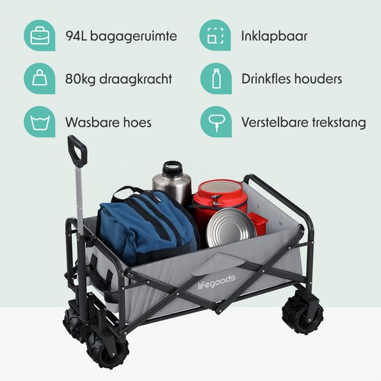 LifeGoods Bolderkar - Opvouwbaar - 80KG Draagkracht - 94L - Wasbaar Polyester - Grijs van LifeGoods — afbeelding 3
