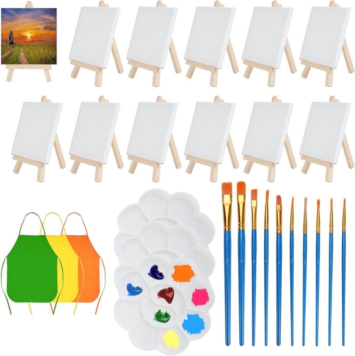 40 stuks mini-ezel- en canvasset voor kinderschilderschap - 12 kleine ezels, 12 mini-canvas, 10 penselen, 3 verfpaletten en 3 kinderschilderschorten
