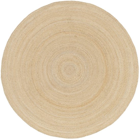 Rond, natuurlijk, plat geweven vloerkleed van jute met een spiraalpatroon.