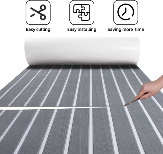 TeakFoamShop – Tapis de bateau en mousse de teck EVA Pro Series – Revêtements de sol autocollant Premium Bateaux – 240 x 60 cm – Gris clair avec lignes Witte – Durable et Luxe , antidérapant