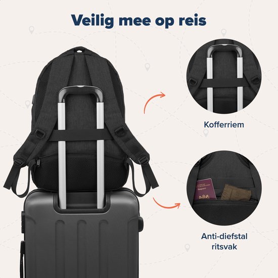 Zwarte TRVLMORE rugzak geplaatst op een koffer, met details over de kofferriem en anti-diefstal vak.