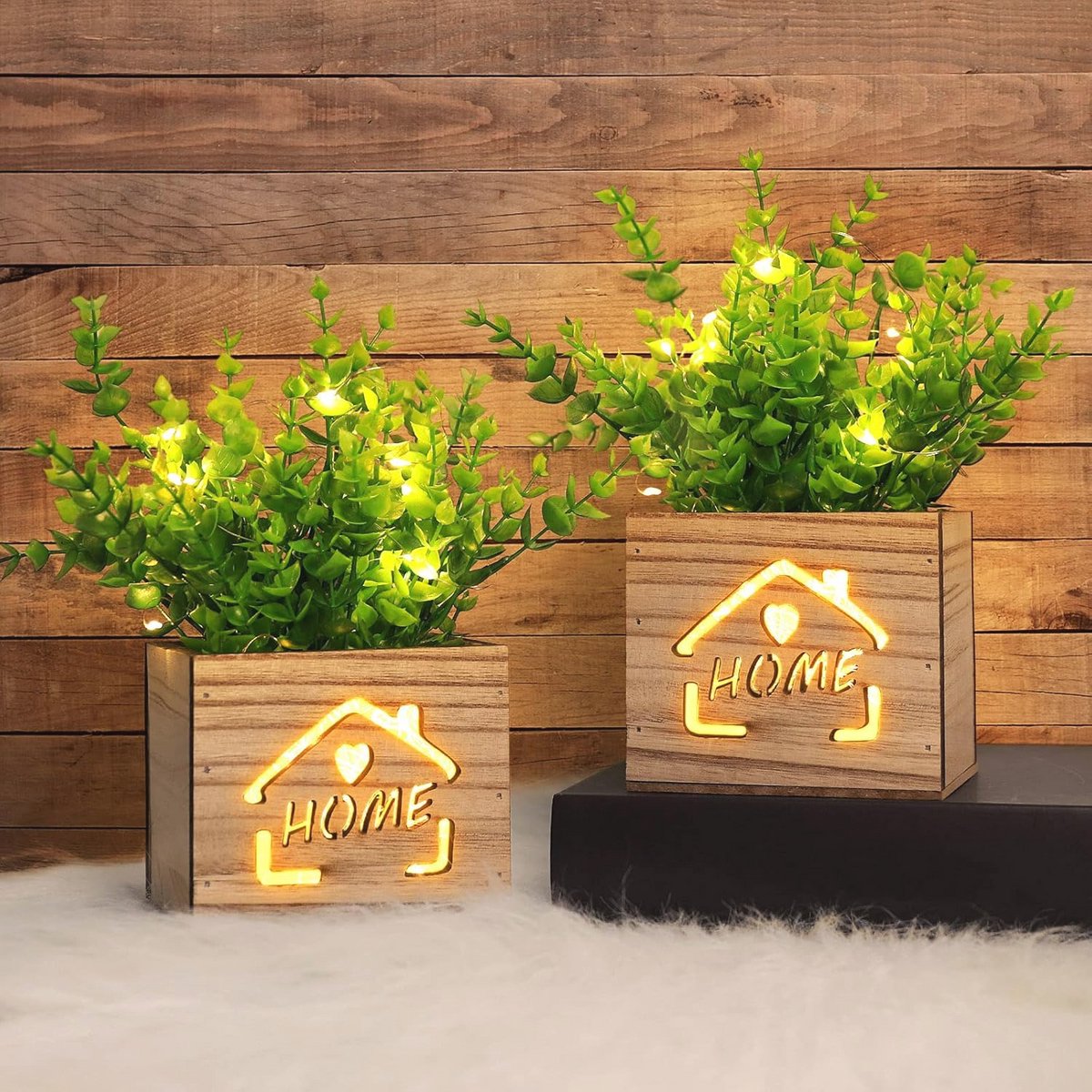 Kunstplanten met LED-lampjes in houten kist - 2 stuks, 11 x 9 x 26 cm - Perfect voor thuis