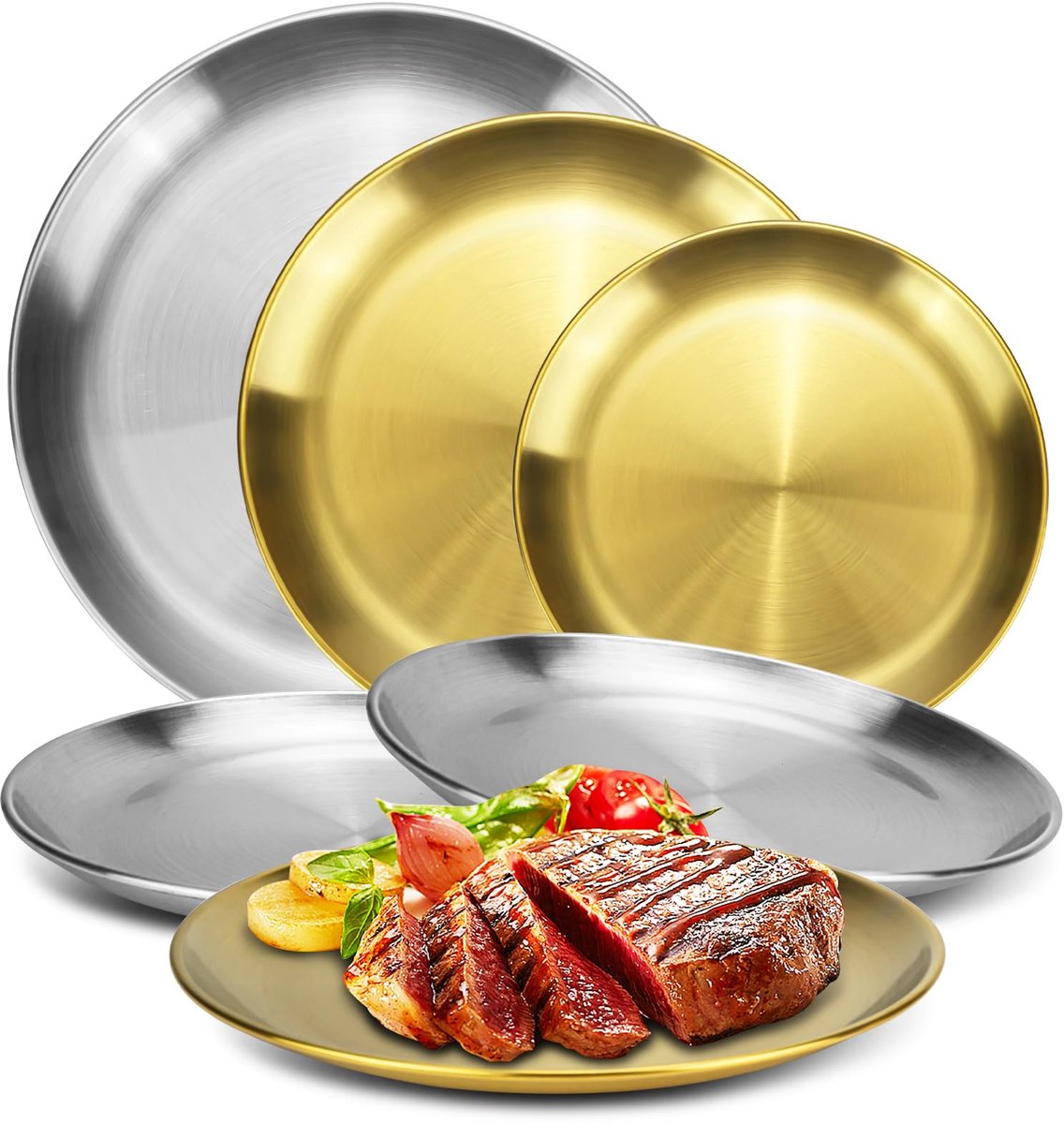 Ibenzoa® Elegante Ronde Stalen Bordenset voor Diverse Gelegenheden - 6-delige Set in Goud en Zilver