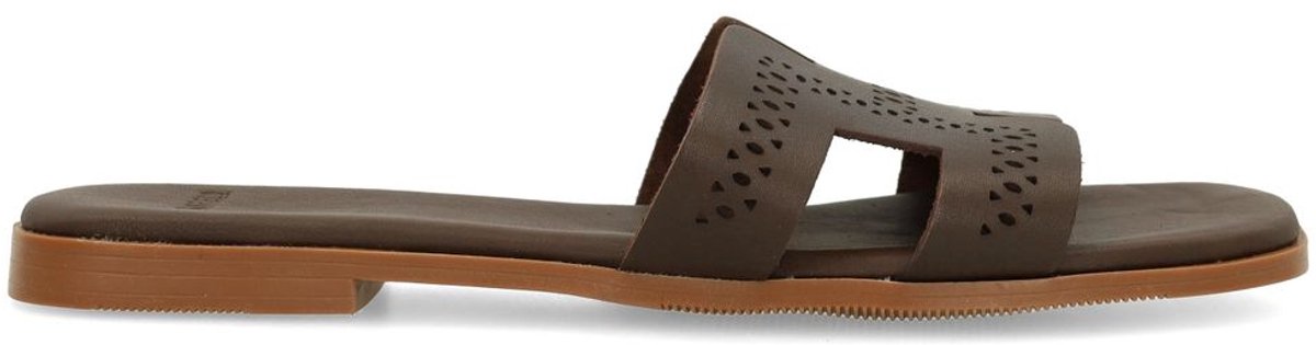 Manfield - Dames - Donkerbruine leren slippers - Maat 37