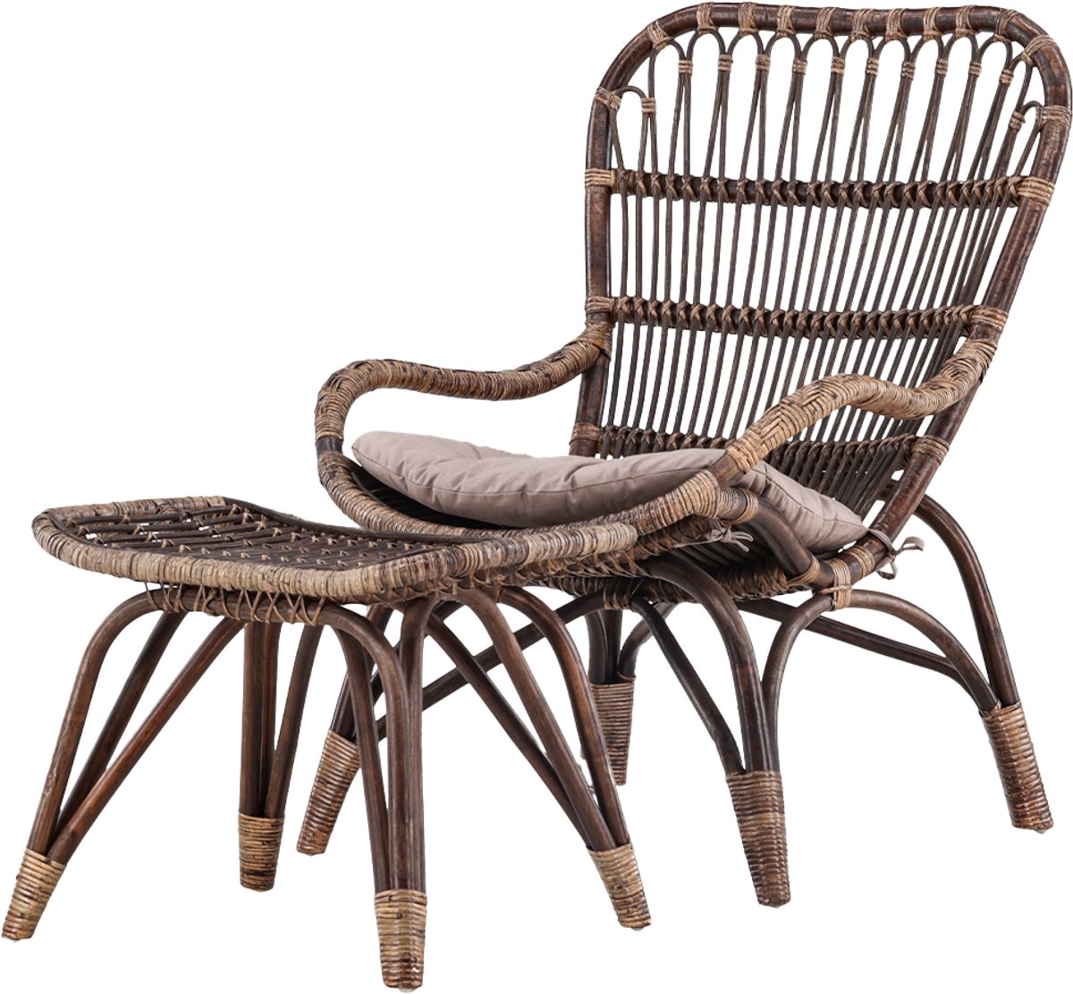 Nest outdoor Aida Rotan Tuin Fauteuil Donkerbruin Met Voetenbankje En Zitkussen - Outdoor - Walnoot - Beige Zitkussen - Lounge