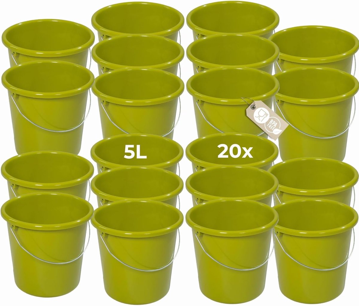 Novaliv 20 stuks emmer 5L groen met maatverdeling - schoonmaak emmer 5 liter? 22,5 cm Praktische alleskunner met schaalverdeling voor huishouden & tuin ideaal als huishoudemmer, wateremmer, dweilemmer, emmer