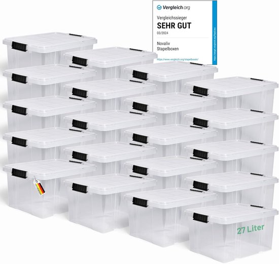 Novaliv 20 x opbergdozen zonder deksel, 15 l, transparant, nestbaar, stapelbare opbergdozen, kunststof doos, BPA-vrij, 39 x 28,5 x 19,5 cm