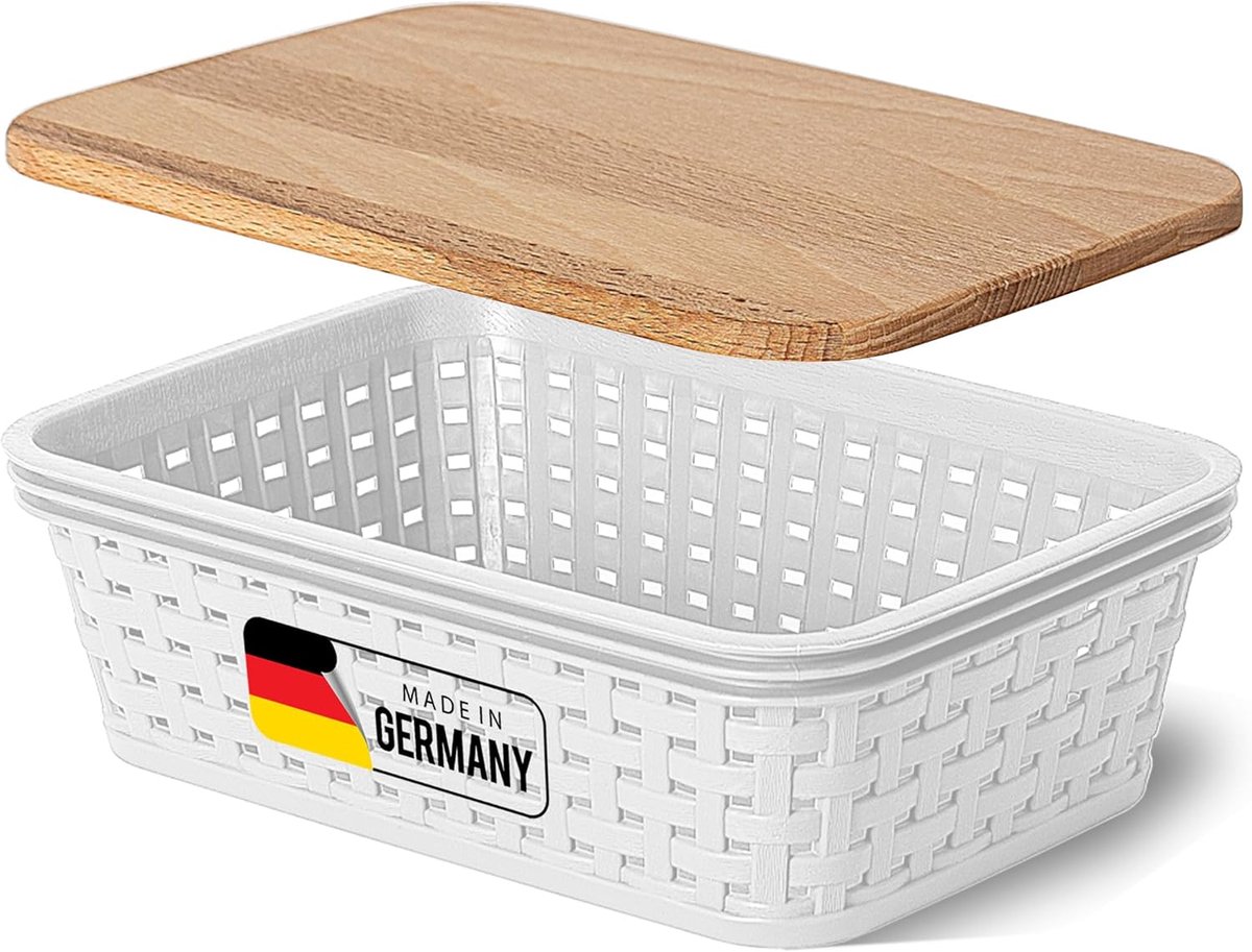 Novaliv opbergdoos met houten deksel Mini 1L mand wit in rotan design Voedselveilige opbergmand Stapelbare doos Nestbare kunststof BPA-vrije doos Stofbox met deksel
