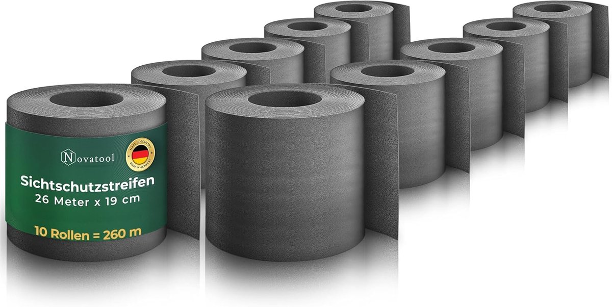 Novatool Premium PP 260m privacyscherm op rol antraciet voor dubbelstaafmat hekwerk voor 100 rijen privacyschermstroken hekwerkgaas gaasschermstroken duurzaam en weerbestendig