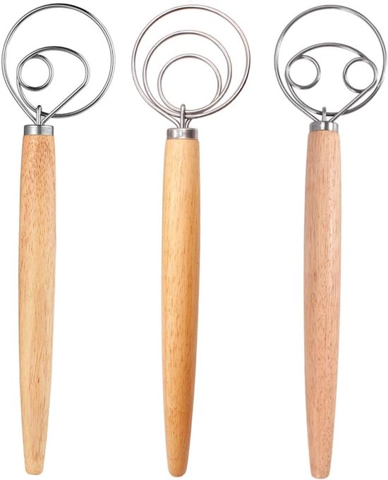 YIDM Deens deeg garde, Deense deegbezem, 3 stuks, 33 cm, Nederlandse garde, eierracket met houten handvat, mixer 304 roestvrij staal, voor broodcake, gebak, dessert, pizzadeeg