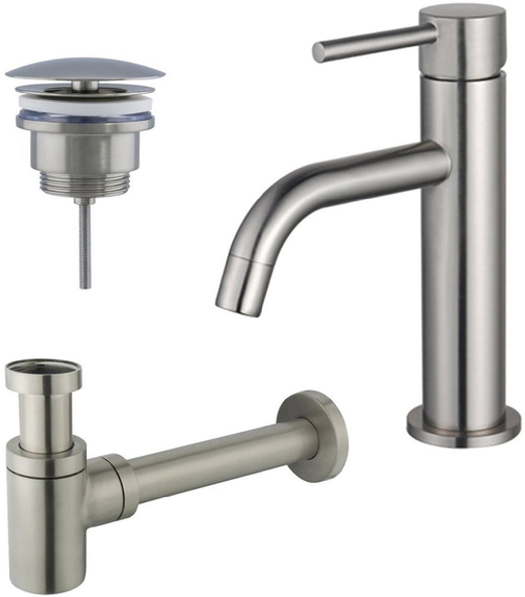 FugaFlow Eccelente Sobrado Badkamer Slim Wastafelkraanset - lage wastafelkraan - always open plug - verlaagde design sifon - PVD Geborsteld RVS