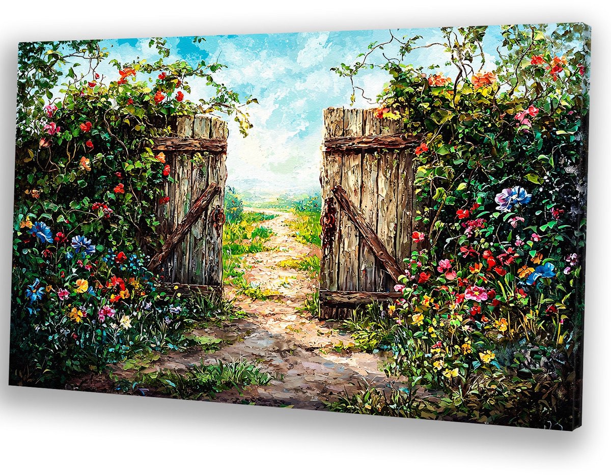 Sfeervolle tuinpoort met bloemen - Tuin canvas schilderij - Canvas schilderij poort - Impr