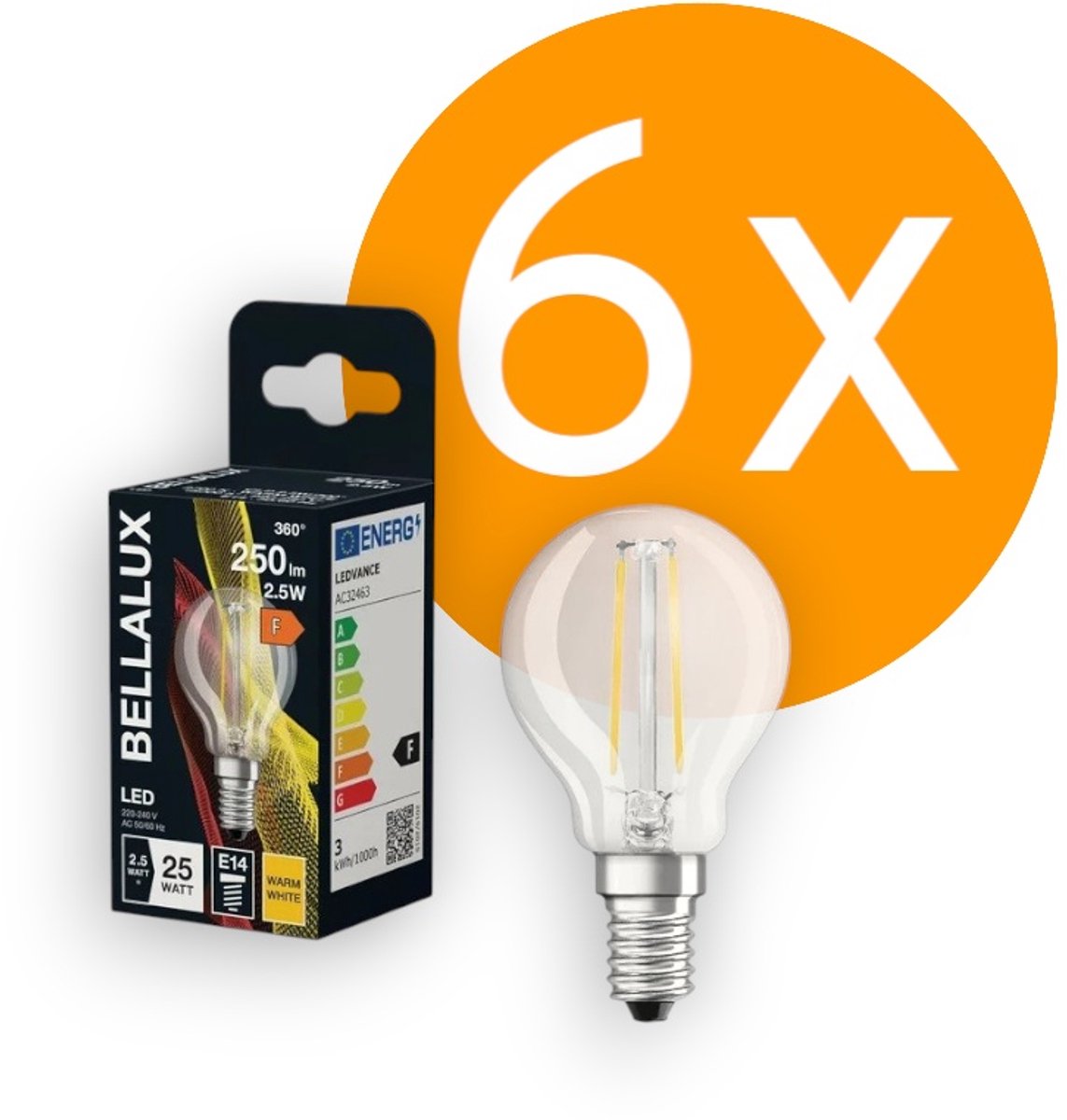 6 stuks | Bellalux LED Kogellamp 2W 250lm 2700K Helder Niet-Dimbaar | E14 | Extra Warm Wit | 2 watt | 15.000 Branduren
