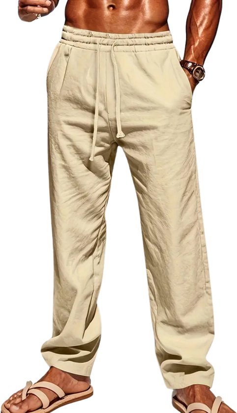 Pantalon en lin Nivard pour homme - Pantalon d'été - Adultes - Pantalon long - Pantalon de plage - Été - Style Ibiza - Beige - Taille S