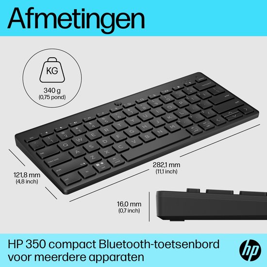 Clavier Bluetooth compact noir HP, dimensions 12,18 x 28,21 x 1,6 cm, poids 340g.