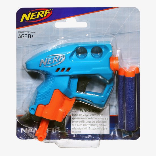 Blauwe Nerf NanoFire blaster, in verpakking met twee blauwe pijltjes.